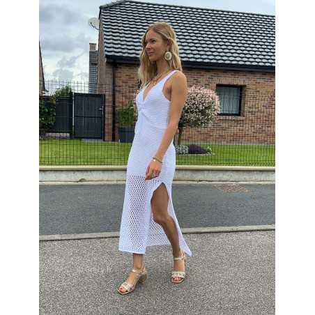 robe longue plage maille crochet blanc été Summer 2024 mode tendance grecy look