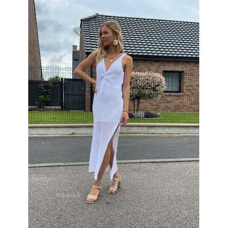 robe longue plage maille crochet blanc été Summer 2024 mode tendance grecy look