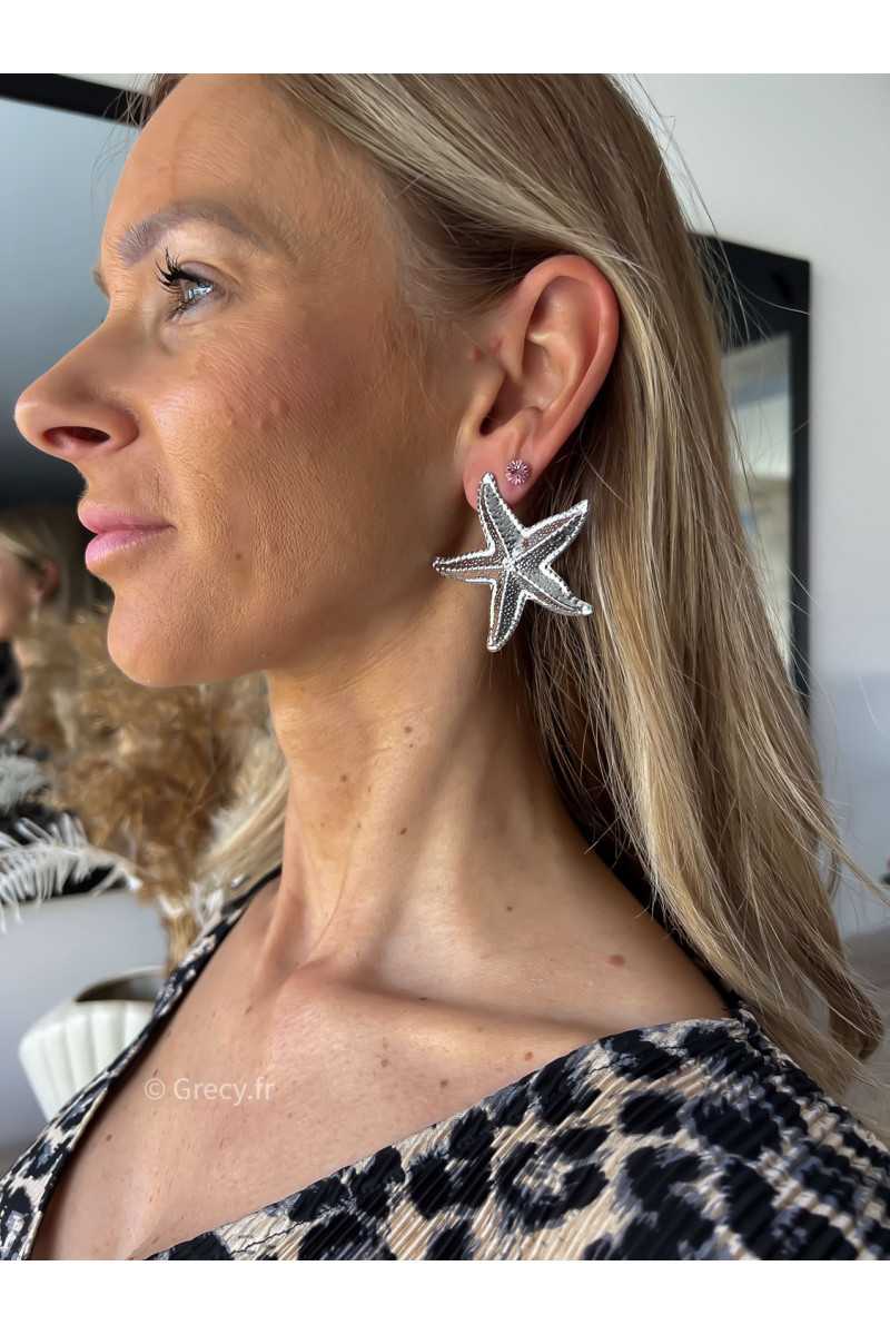 Boucles d'oreilles étoile de mer argentés acier inoxydable légères bijoux tendances grecy été 2024