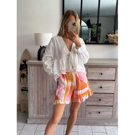 short rose orange summer soleil sun fluide élastique mode tendance look grecy été 2024