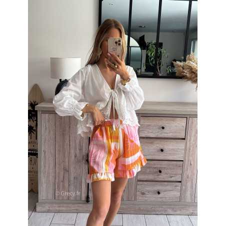 short rose orange summer soleil sun fluide élastique mode tendance look grecy été 2024