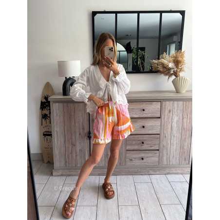 short rose orange summer soleil sun fluide élastique mode tendance look grecy été 2024