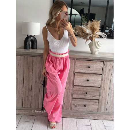 Pantalon gaze de coton rose corail grecy printemps été 2024 fluide léger mode look ootd