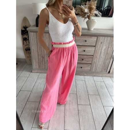 Pantalon gaze de coton rose corail grecy printemps été 2024 fluide léger mode look ootd