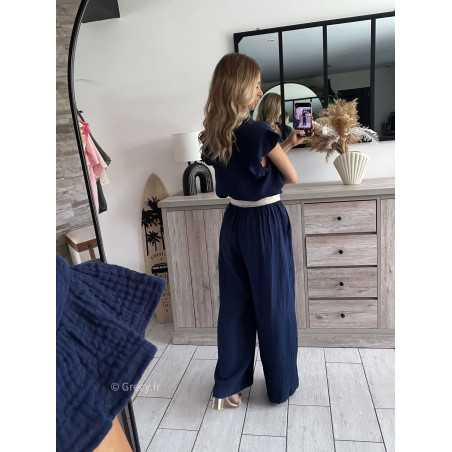 Pantalon gaze de coton bleu marine grecy printemps été 2024 fluide léger mode look ootd