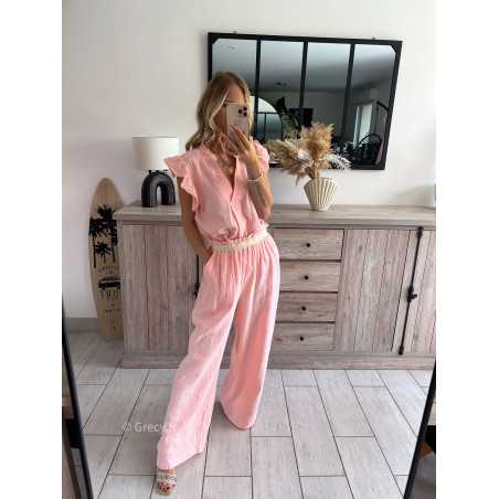 Pantalon gaze de coton rose clair grecy printemps été 2024 fluide léger mode look ootd