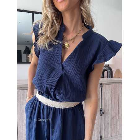 blouse gaze de coton bleu marine volants chic grecy printemps été 2024 fluide léger mode look ootd