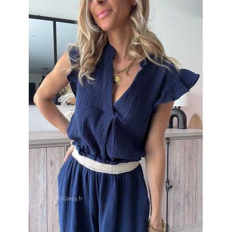 blouse gaze de coton bleu marine volants chic grecy printemps été 2024 fluide léger mode look ootd