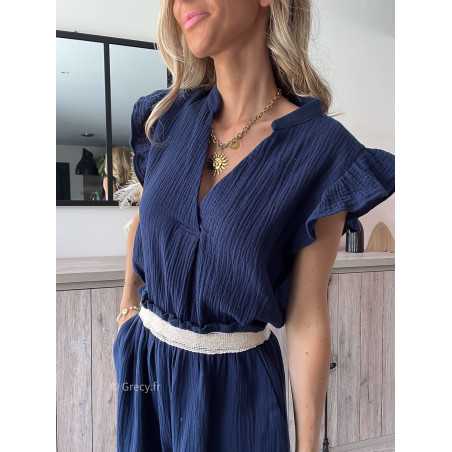 blouse gaze de coton bleu marine volants chic grecy printemps été 2024 fluide léger mode look ootd