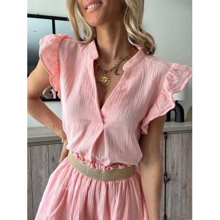 blouse gaze de coton rose clair volants chic grecy printemps été 2024 fluide léger mode look ootd