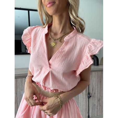 blouse gaze de coton rose clair volants chic grecy printemps été 2024 fluide léger mode look ootd