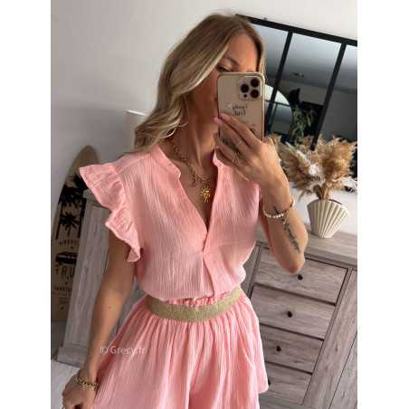 blouse gaze de coton rose clair volants chic grecy printemps été 2024 fluide léger mode look ootd