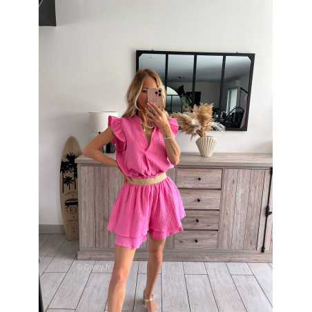 blouse gaze de coton rose fuchsia volants chic grecy printemps été 2024 fluide léger mode look ootd