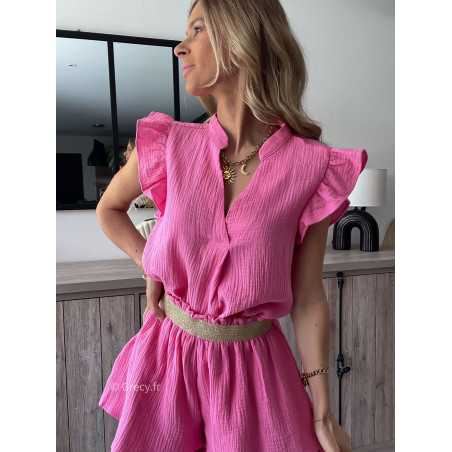 blouse gaze de coton rose fuchsia volants chic grecy printemps été 2024 fluide léger mode look ootd