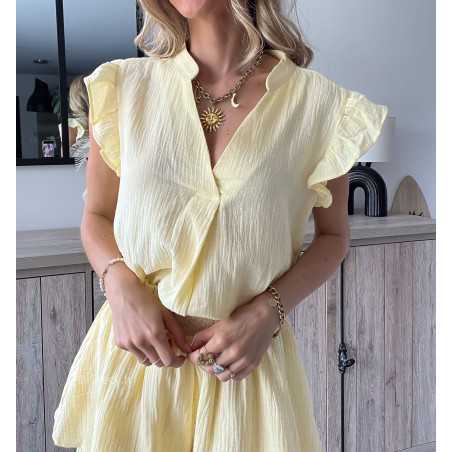 blouse gaze de coton jaune volants chic grecy printemps été 2024 fluide léger mode look ootd