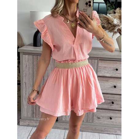 jupe short gaze de coton rose clair ensemble grecy printemps été 2024 fluide léger mode look ootd