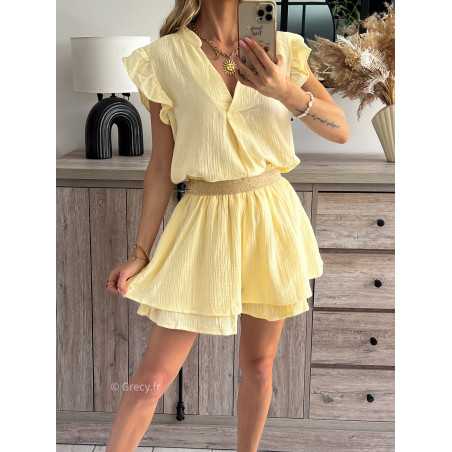 jupe short gaze de coton jaune ensemble grecy printemps été 2024 fluide léger mode look ootd