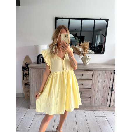 Robe fluide et courte gaze de coton jaune epaules volantees Taille S Couleur jaune