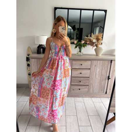 robe longue fleurie rose bleu bretelles grecy mode tendance look été 2024