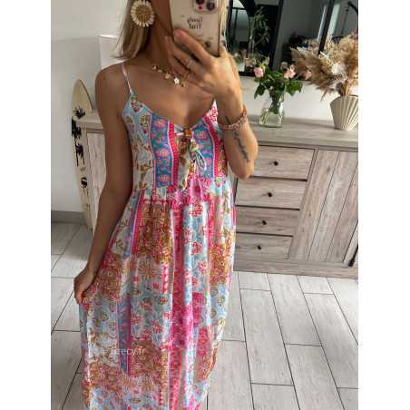 robe longue fleurie rose bleu bretelles grecy mode tendance look été 2024