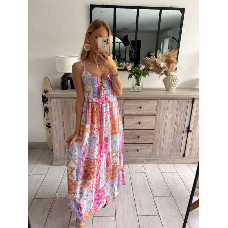 robe longue fleurie rose bleu bretelles grecy mode tendance look été 2024