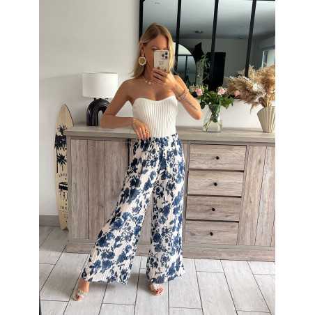 pantalon fluide plissé élastique fleuri bleu marine bridgerton grecy mode tendance look été 2024