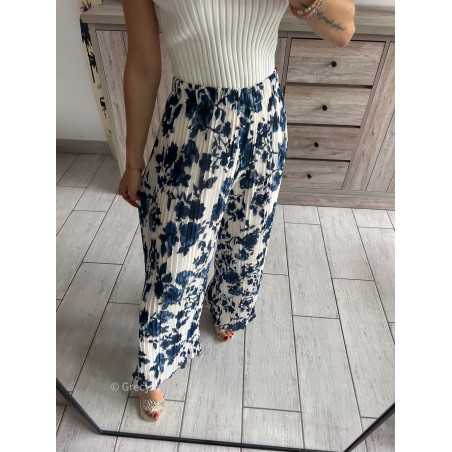 pantalon fluide plissé élastique fleuri bleu marine bridgerton grecy mode tendance look été 2024