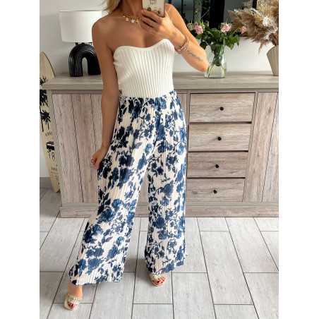 pantalon fluide plissé élastique fleuri bleu marine bridgerton grecy mode tendance look été 2024