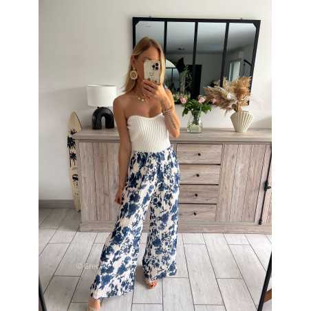 pantalon fluide plissé élastique fleuri bleu marine bridgerton grecy mode tendance look été 2024