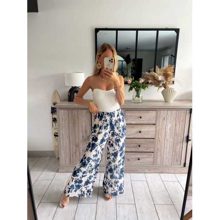 pantalon fluide plissé élastique fleuri bleu marine bridgerton grecy mode tendance look été 2024