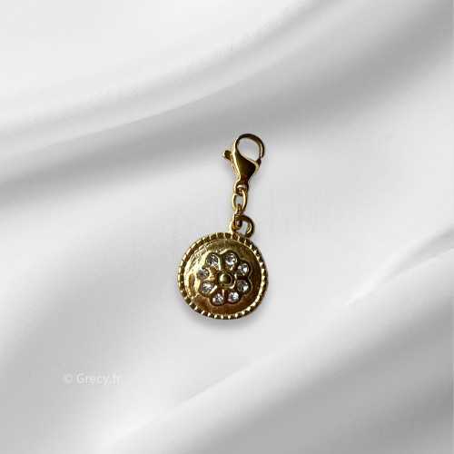 Charm médaille fleur strass 1,5cm mousqueton interchangeable