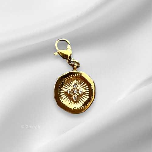 Charm médaille ronde strass 1,3cm mousqueton interchangeable