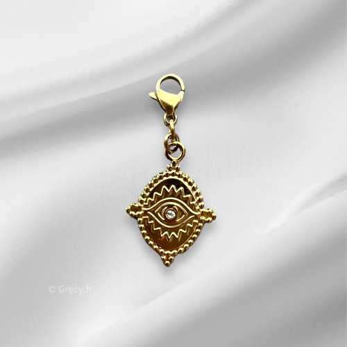 Charm médaille ovale oeil strass 1,3cm mousqueton interchangeable