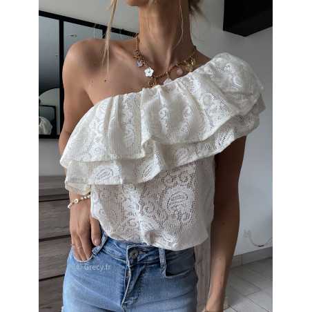 Top asymétrique blanc dentelles volants motifs une épaule grecy look tenue mode tendance