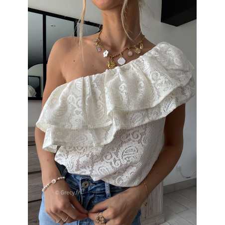 Top asymétrique blanc dentelles volants motifs une épaule grecy look tenue mode tendance