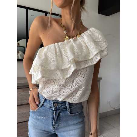 Top asymétrique blanc dentelles volants motifs une épaule grecy look tenue mode tendance