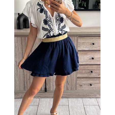 short jupe gaze de coton bleu marine ceinture dorée grecy look tenue mode tendance