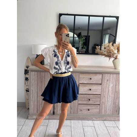 short jupe gaze de coton bleu marine ceinture dorée grecy look tenue mode tendance