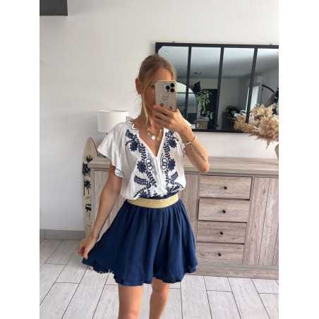 short jupe gaze de coton bleu marine ceinture dorée grecy look tenue mode tendance