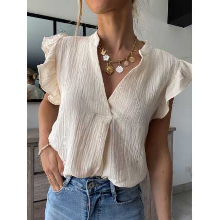 blouse gaze de coton chemisier volants beige grecy look tenue mode tendance