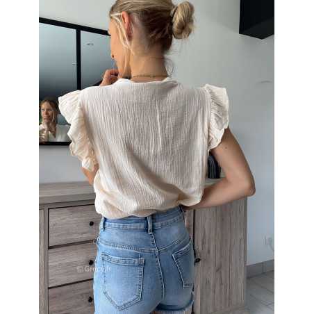 blouse gaze de coton chemisier volants beige grecy look tenue mode tendance