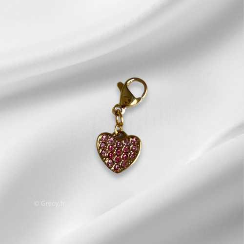 Charm coeur rose strass mousqueton interchangeable 1cm