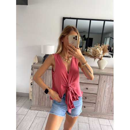 Top lin vieux rose terracotta noeud grecy look tendance mode