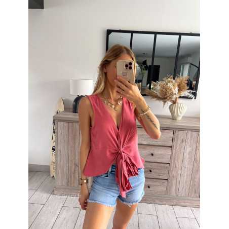 Top lin vieux rose terracotta noeud grecy look tendance mode