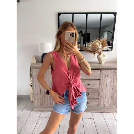 Top lin vieux rose terracotta noeud grecy look tendance mode