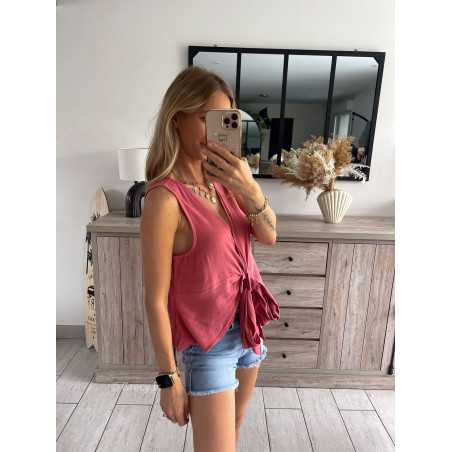 Top lin vieux rose terracotta noeud grecy look tendance mode