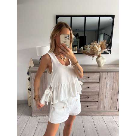 Top lin blanc double noeuds côtés babydolll grecy look tendance mode