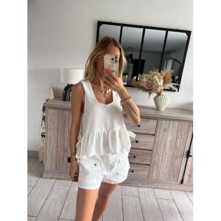 Top lin blanc double noeuds côtés babydolll grecy look tendance mode