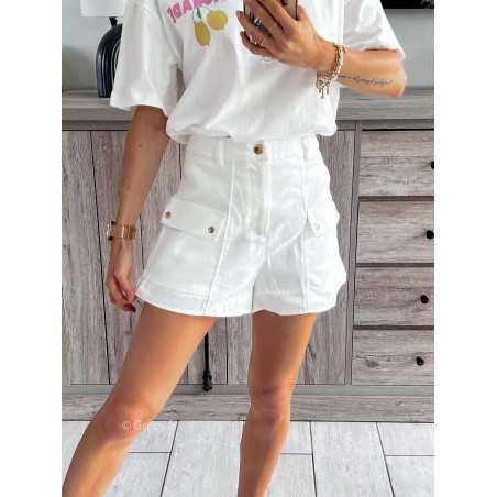 short en jean blanc boutons or dorés grecy look tendance mode