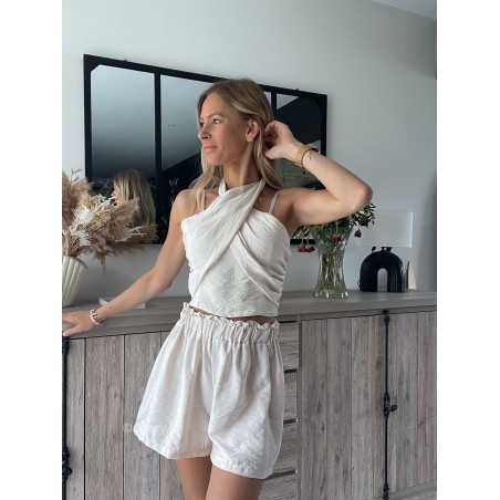 Ensemble short et top croisé beige écru grecy look tendance mode